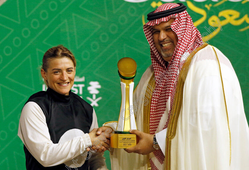 Maryline-Eon-0004 
 Presentation to MARYLINE EON for the International Jockeys Challenge
King Abdulaziz Racecourse, Saudi Arabia, 23 Feb 2024 - Pic Steven Cargill / Racingfotos.com