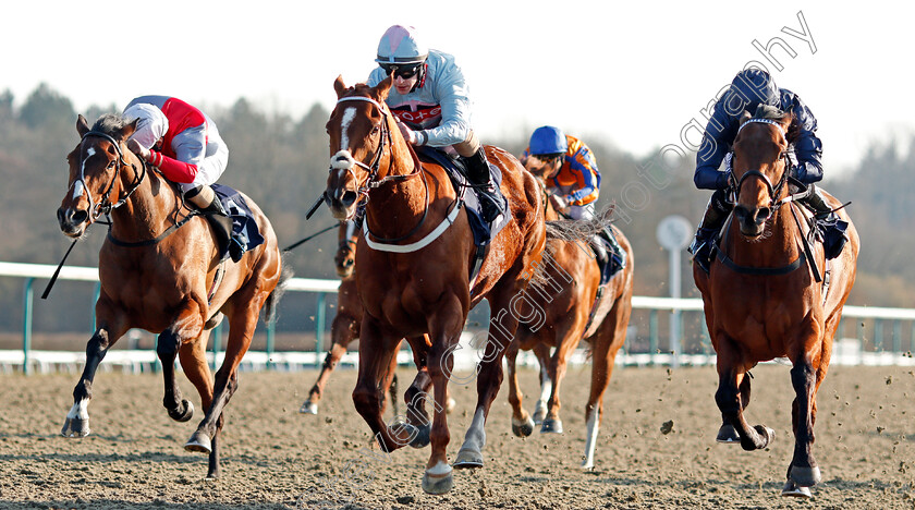 Lucky s-Dream-0002 
 LUCKY'S DREAM (centre, Richard Kingscote) beats SONGKRAN (right) and MARGARET DUMONT (left) in The Heed Your Hunch At Betway Handicap
Lingfield 27 Feb 2021 - Pic Steven Cargill / Racingfotos.com