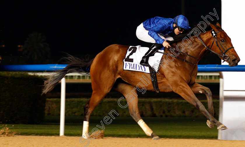 Winter-Lightning-0007 
 WINTER LIGHTNING (Pat Cosgrave) wins The UAE 1000 Guineas Meydan 8 Feb 2018 - Pic Steven Cargill / Racingfotos.com