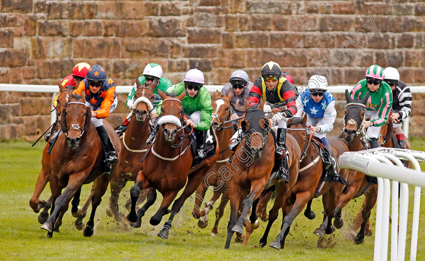 Spoof-0002 
 BIG TIME MAYBE (left) FORMIDABLE KITT (centre) and GLOBAL ACADEMY (right) lead the field into the straight for The Boodles Diamond Handicap won by SPOOF ((far right, green and pink, Callum Shepherd) Chester 9 May 2018 - Pic Steven Cargill / Racingfotos.com