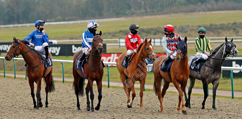 Bangkok-0002 
 BANGKOK (2nd left, Ryan Moore) with FOREST OF DEAN (left) FELIX (centre) RED VERDON (2nd right) and VINTAGER (right) before winning The Betway Winter Derby Trial Stakes
Lingfield 6 Feb 2021 - Pic Steven Cargill / Racingfotos.com