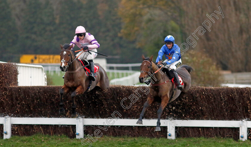 Stay-Away-Fay-0003 
 STAY AWAY FAY (left, Harry Cobden) beats GIOVINCO (right) in The Betfair Esher Novices Chase
Sandown 8 Dec 2023 - pic Steven Cargill / Racingfotos.com