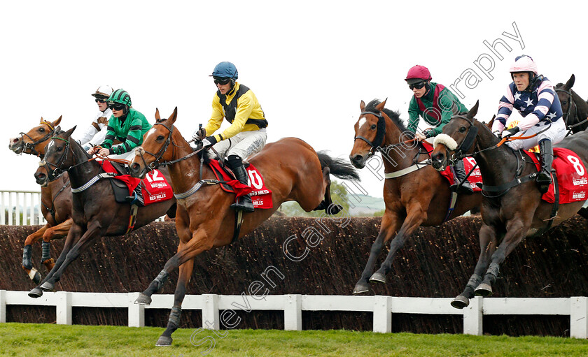 Welsh s-Castle-0002 
 WELSH'S CASTLE (centre, Dale Peters) jumps with KALABALOO (left) MR MACLENNANE (2nd right) and SUMMER SOUNDS (right) Cheltenham 4 May 2018 - Pic Steven Cargill / Racingfotos.com