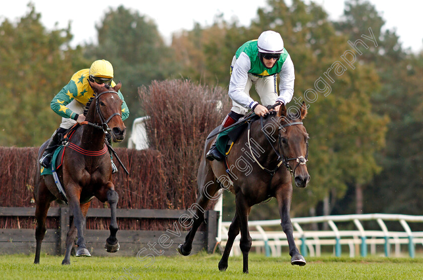 Jubilympics-0003 
 JUBILYMPICS (left, James Bowen) tracks BIT ON THE SIDE (right) on her way to winning The Sky Sports Racing Mares Novices Handicap Chase
Fakenham 16 Oct 2020 - Pic Steven Cargill / Racingfotos.com