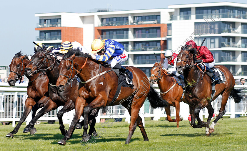 Gracious-John-0002 
 GRACIOUS JOHN (Fran Berry) beats ORVAR (2nd left) and BLUE DE VEGA (right) in The Dubai Duty Free Handicap Newbury 20 Apr 2018 - Pic Steven Cargill / Racingfotos.com