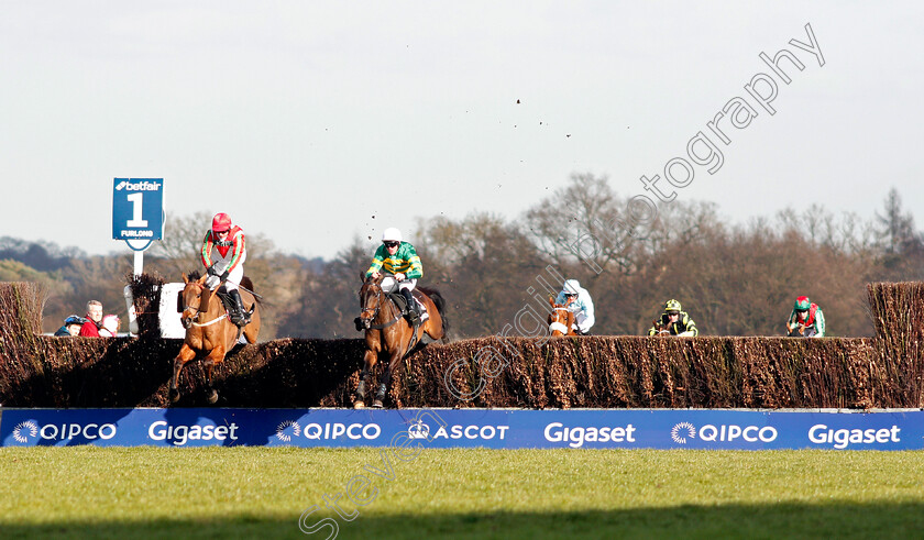 Regal-Encore-0001 
 REGAL ENCORE (2nd left, Richie McLernon) beats MINELLA DADDY (left) in The Keltbray Swinley Handicap Chase Ascot 17 Feb 2018 - Pic Steven Cargill / Racingfotos.com