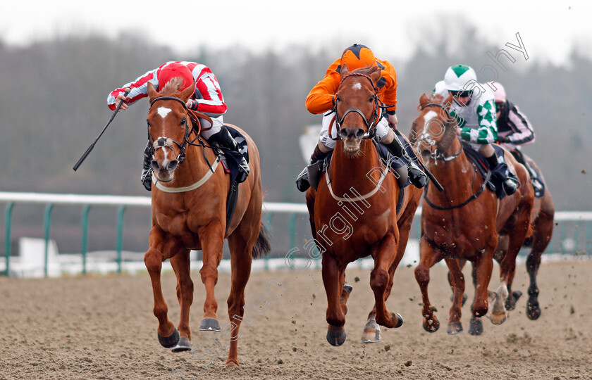 Toriano-0002 
 TORIANO (left, Tom Marquand) beats VARSOVIAN (right) in The Play Jackpot Games At sunbets.co.uk/vegas Handicap Lingfield 6 Jan 2018 - Pic Steven Cargill / Racingfotos.com