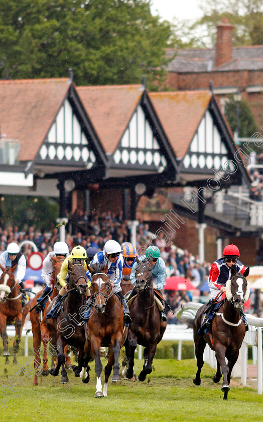 Chief-Ironside-0004 
 CHIEF IRONSIDE (left, Kieran Shoemark) leading with a circuit to run on his way to winning The Deepbridge Capital Maiden Stakes Chester 9 May 2018 - Pic Steven Cargill / Racingfotos.com