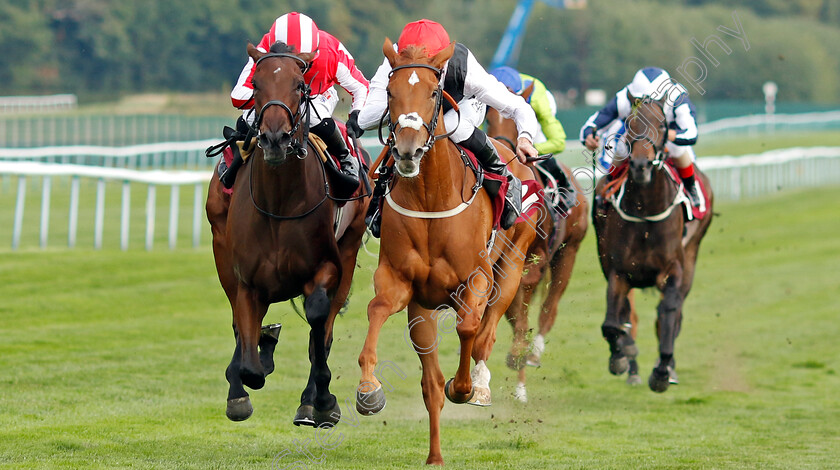 Leitzel-0005 
 LEITZEL (centre, Daniel Tudhope) beats DOUBLE MARCH (left) in The British Stallion Studs EBF Fillies Novice Stakes
Haydock 2 Sep 2022 - Pic Steven Cargill / Racingfotos.com