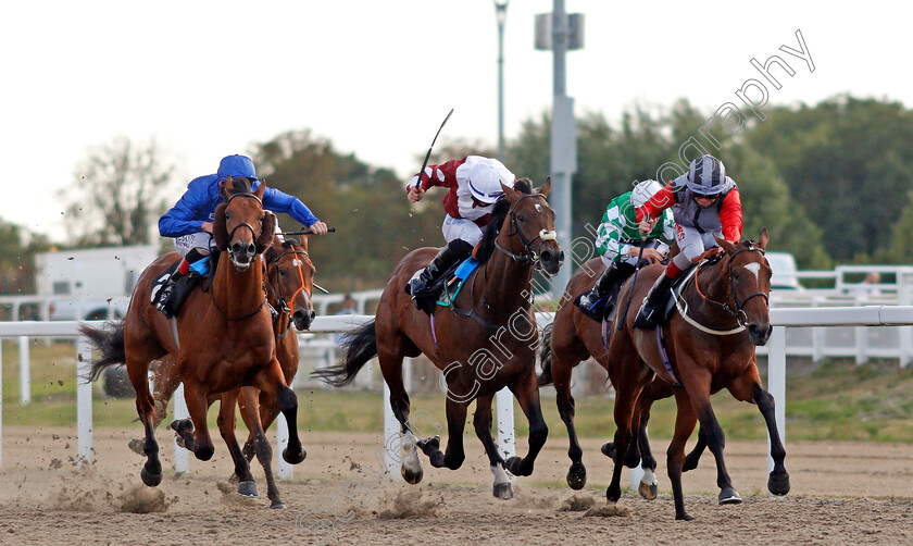 Glowing-For-Gold-0003 
 GLOWING FOR GOLD (centre, Ray Dawson) beats DREAMS UNWIND (right) and BRANWELL (left) in The Retraining Of Racehorses Novice Stakes
Chelmsford 22 Aug 2020 - Pic Steven Cargill / Racingfotos.com