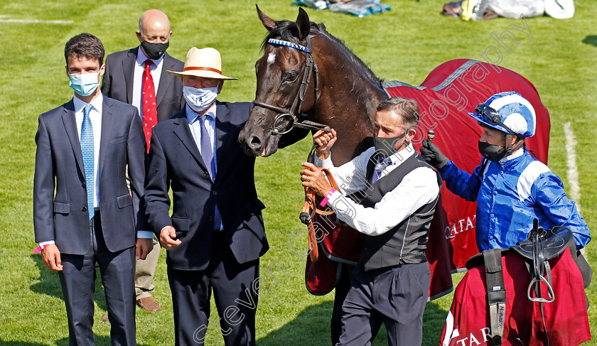 Mohaather-0015 
 MOHAATHER (Jim Crowley) with Marcus Tregoning after The Qatar Sussex Stakes
Goodwood 29 Jul 2020 - Pic Steven Cargill / Racingfotos.com