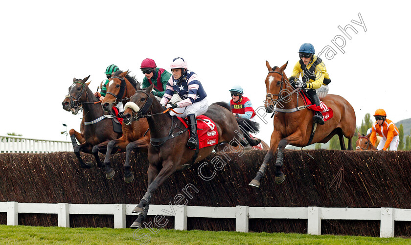 Summer-Sounds-0001 
 SUMMER SOUNDS (centre, James Jackson-Stops) jumps WELSH'S CASTLE (right) Cheltenham 4 May 2018 - Pic Steven Cargill / Racingfotos.com