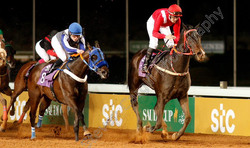 Sabeq hom-0002 
 SABEQ'HOM (Sibylle Vogt) beats ALSHATHERWAN (left) in The International Jockeys Challenge Handicap Round4
King Abdulaziz Racetrack, Riyadh, Saudi Arabia 28 Feb 2020 - Pic Steven Cargill / Racingfotos.com