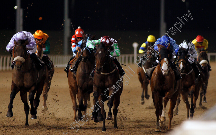 Steel-Train-0004 
 STEEL TRAIN (centre, Martin Harley) beats QAFFAAL (left) and SWIFT APPROVAL (right) in The Bet toteexacta At betfred.com Handicap Chelmsford 23 Nov 2017 - Pic Steven Cargill / Racingfotos.com