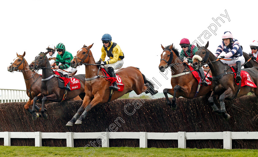 Welsh s-Castle-0001 
 WELSH'S CASTLE (centre, Dale Peters) jumps with KALABALOO (left) MR MACLENNANE (2nd right) and SUMMER SOUNDS (right) Cheltenham 4 May 2018 - Pic Steven Cargill / Racingfotos.com