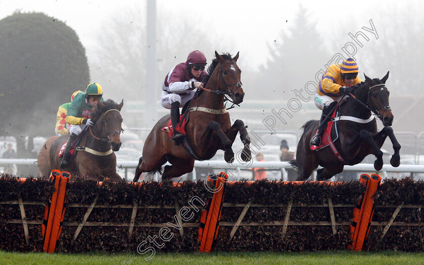 Beat-The-Judge-0001 
 BEAT THE JUDGE (centre, Joshua Moore) beats CHAPARRAL PRINCE (right) in The 32Red Casino Introductory Juvenile Hurdle
Kempton 27 Dec 2018 - Pic Steven Cargill / Racingfotos.com