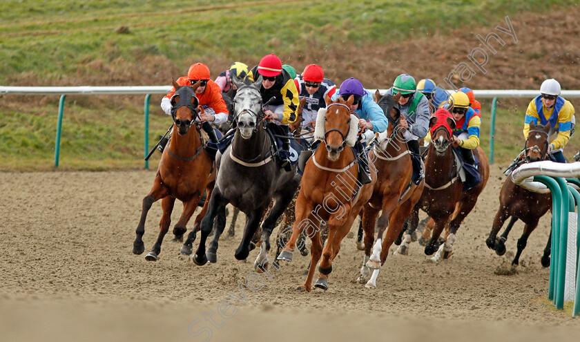 Locommotion-0001 
 LOCOMMOTION (2nd left, Luke Morris) beats SOARING SPIRITS (centre) in The Play Jackpot Games At sunbets.co.uk/vegas Handicap Lingfield 30 Dec 2017 - Pic Steven Cargill / Racingfotos.com