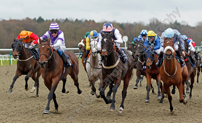 Sky-Marshal-0003 
 SKY MARSHAL (2nd left, Liam Keniry) beats ROCK'N GOLD (centre) and ATTAIN (right) in The Betway Handicap Lingfield 6 Dec 2017 - Pic Steven Cargill / Racingfotos.com