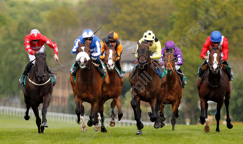 Beat-The-Bank-0003 
 BEAT THE BANK (2nd left, Silvestre De Sousa) beats SHARJA BRIDGE (2nd right) and REGAL REALITY (right) in The bet365 Mile
Sandown 26 Apr 2019 - Pic Steven Cargill / Racingfotos.com