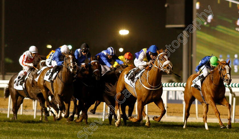 Baroot-0002 
 BAROOT (centre, Adrie De Vries) beats SILENT ATTACK (left) and ON THE WARPATH (right) in The Cepsa Energy Cup Handicap
Meydan 10 Jan 2019 - Pic Steven Cargill / Racingfotos.com