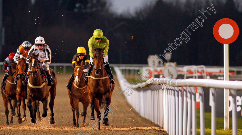 Snaffled-0001 
 SNAFFLED (centre, Sean Levey) beats TAKEONEFORTHETEAM (left) in The 32Red Casino Handicap Wolverhampton 15 Jan 2018 - Pic Steven Cargill / Racingfotos.com