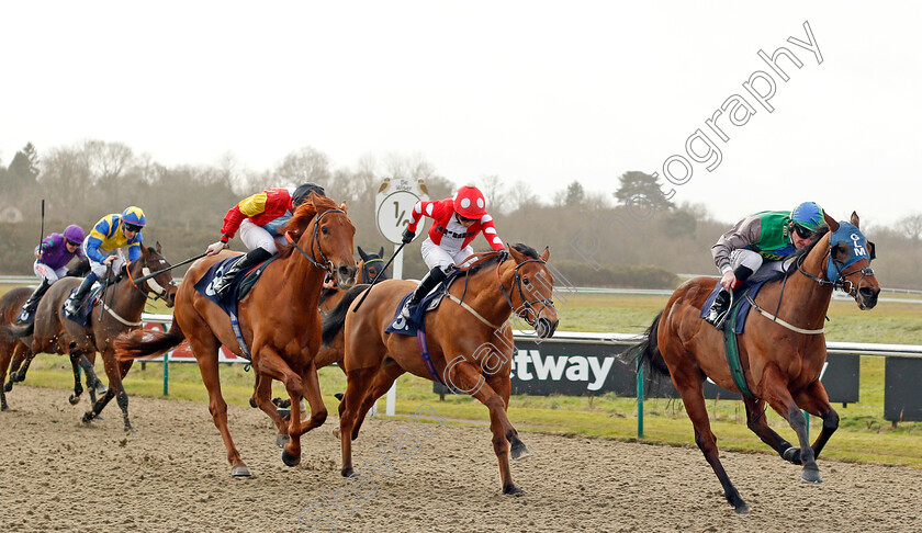 Kafeel-0001 
 KAFEEL (Adam Kirby) beats SPARE PARTS (2nd left) and RAKEMATIZ (left) in The Play Starburst Slot At sunbets.co.uk/vegas Handicap Div1 Lingfield 30 Dec 2017 - Pic Steven Cargill / Racingfotos.com