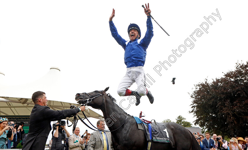 Mostahdaf-0013 
 Frankie Dettori leaps from Mostahdaf winner of The Juddmonte International Stakes
York 23 Aug 2023 - Pic Steven Cargill / Racingfotos.com