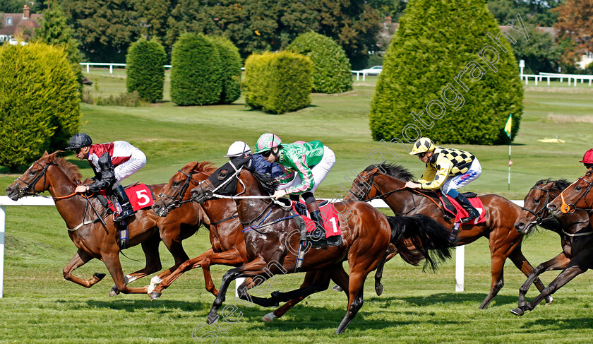 Spoof-0004 
 SPOOF (centre, Callum Shepherd) beats THE GOLDEN CUE (left) and ZALSHAH (2nd left) in The Watch Racing UK On Sky 432 Nursery Sandown 1 Sep 2017 - Pic Steven Cargill / Racingfotos.com