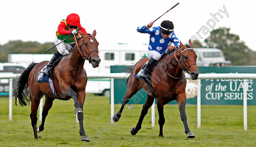 Nafees-0002 
 NAFEES (left, Tadhg O'Shea) beats AHZAR (right) in The President Of The UAE Cup (UK Arabian Derby) Doncaster 16 Sep 2017 - Pic Steven Cargill / Racingfotos.com