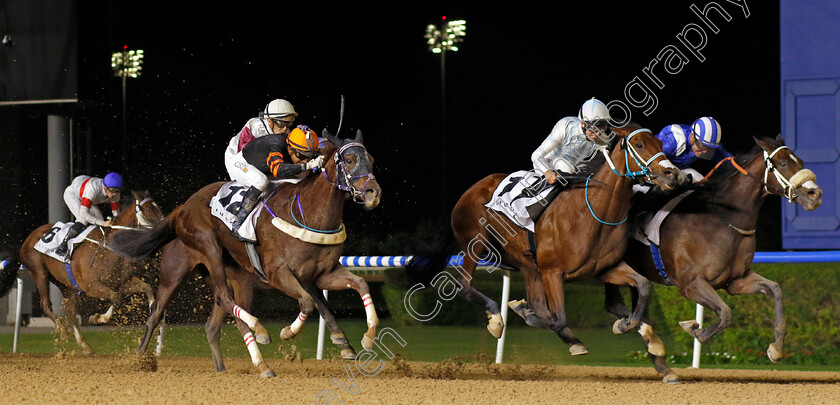 Mayaadeen-0002 
 MAYAADEEN (right, Jim Crowley) beats MAPLEWOOD (centre) and ROCK THE BARZAH (left) in Lincoln Handicap
Meydan 2 Feb 2024 - Pic Steven Cargill / Racingfotos.com