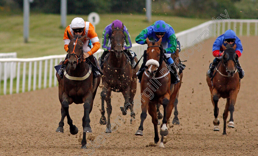 Waqaas-0003 
 WAQAAS (left, Stevie Donohoe) beats VIVACIOUS SPIRIT (2nd right) in The Follow At The Races On Twitter Handicap 
Wolverhampton 31 Jul 2020 - Pic Steven Cargill / Racingfotos.com