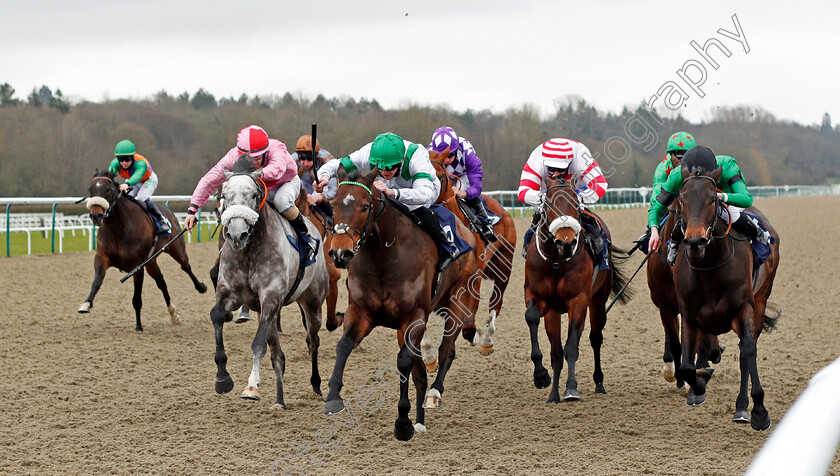 Exalted-Angel-0003 
 EXALTED ANGEL (centre, Clifford Lee) beats FIZZY FEET (right) and MISTY GREY (left) in The Betway Kachy Stakes
Lingfield 6 Feb 2021 - Pic Steven Cargill / Racingfotos.com