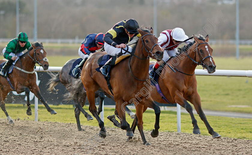 Meng-Tian-0003 
 MENG TIAN (centre, James Doyle) beats WAY TO WIN (right) in The Coral Proud To Support British Racing Handicap
Wolverhampton 12 Mar 2022 - Pic Steven Cargill / Racingfotos.com