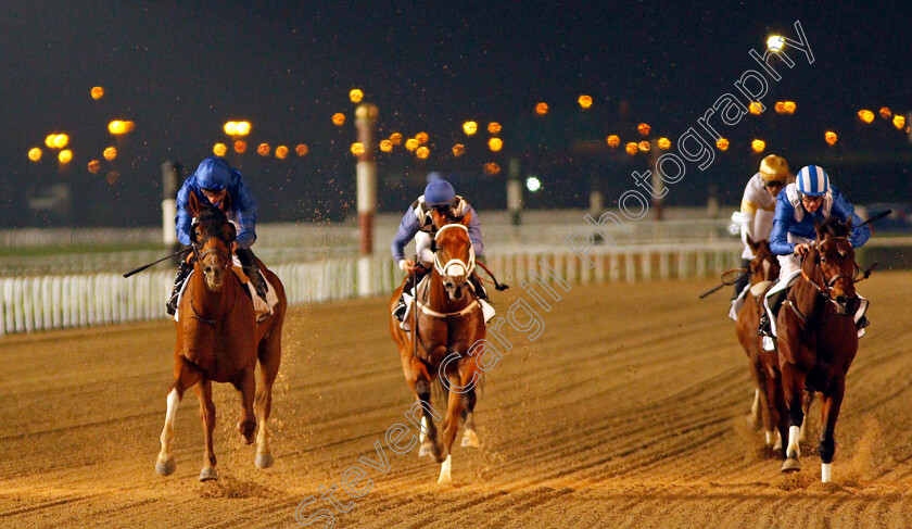 Comicas-0005 
 COMICAS (left, William Buick) beats MY CATCH (centre) in The Dubawi Stakes Meydan 18 Jan 2018 - Pic Steven Cargill / Racingfotos.com