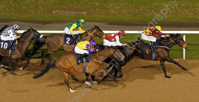 Daafr-0004 
 DAAFR (Cam Hardie) beats I THINK SO (2nd right) and AL OZZDI (nearside) in The Bombardier British Hopped Amber Beer Handicap
Wolverhampton 21 Feb 2020 - Pic Steven Cargill / Racingfotos.com