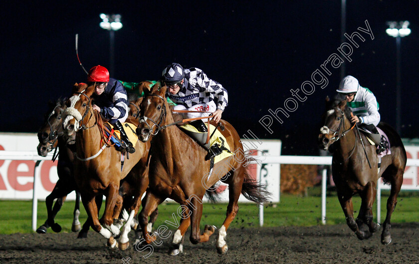 Roman-Spinner-0002 
 ROMAN SPINNER (centre, Luke Morris) beats CRYSTAL CASQUE (left) in The Close Brothers Business Finance Nursery Kempton 22 Nov 2017 - Pic Steven Cargill / Racingfotos.com