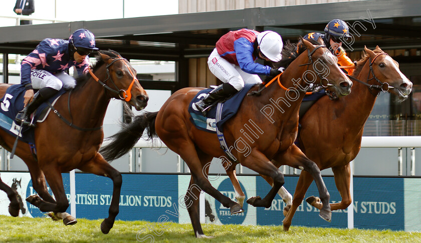 Mercurial-0003 
 MERCURIAL (centre, Hayley Turner) beats RUSSELLINTHEBUSHES (right) and ZOLTAN STAR (left) in The British Stallion Studs EBF Maiden Stakes
Chester 6 May 2021 - Pic Steven Cargill / Racingfotos.com