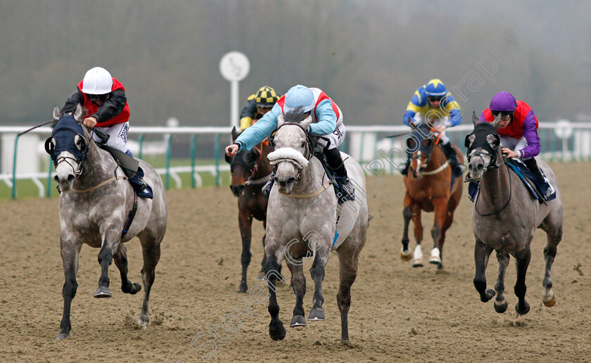 Theygreyvtrain-0005 
 THEGREYVTRAIN (centre, Richard Kingscote) beats LORNA COLE (left) in The Betway Classified Stakes
Lingfield 25 Jan 2022 - Pic Steven Cargill / Racingfotos.com