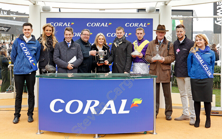 Bleu-Berry-0008 
 Presentation by Chris Hughes and Olivia Attwood to Luke McMahon, Willie Mullins and Mark Walsh for The Coral Cup won by BLEU BERRY Cheltenham 14 Mar 2018 - Pic Steven Cargill / Racingfotos.com