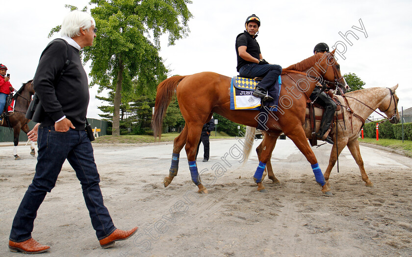 Justify-0017 
 JUSTIFY (Martine Garcia) with Bob Baffert after exercising in preparation for The Belmont Stakes
Belmont Park USA 7 Jun 2018 - Pic Steven Cargill / Racingfotos.com