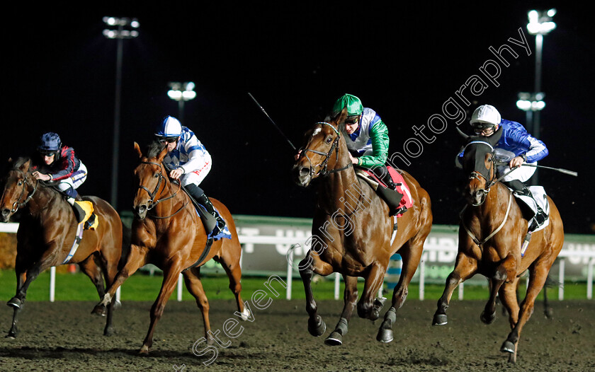 Brewing-0003 
 BREWING (Adam Farragher) beats FLYING SECRET (right) and LORD PARAMOUNT (2nd left) in The Unibet Extra Place Offers Every Day Novice Stakes
Kempton 16 Nov 2022 - Pic Steven Cargill / Racingfotos.com