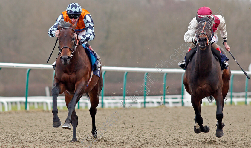 Colourful-Career-0003 
 COLOURFUL CAREER (left, Adam Kirby) beats RELEVANT (right) in The Betway Maiden Stakes Lingfield 30 Dec 2017 - Pic Steven Cargill / Racingfotos.com