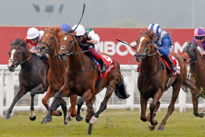 Without-Parole-0003 
 WITHOUT PAROLE (centre, Frankie Dettori) beats GABR (right) in The Matchbook Is Commission Free Heron Stakes Sandown 24 May 2018 - Pic Steven Cargill / Racingfotos.com