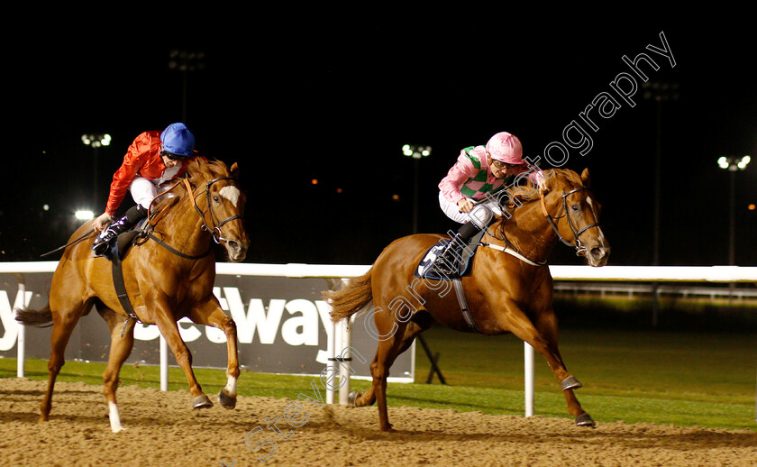 Engrossed-0001 
 ENGROSSED (Rob Hornby) beats REGAL BANNER (left) in The Ladbrokes Home Of The Odds Boost Fillies Novice Stakes Div2
Wolverhampton 10 Dec 2018 - Pic Steven Cargill / Racingfotos.com