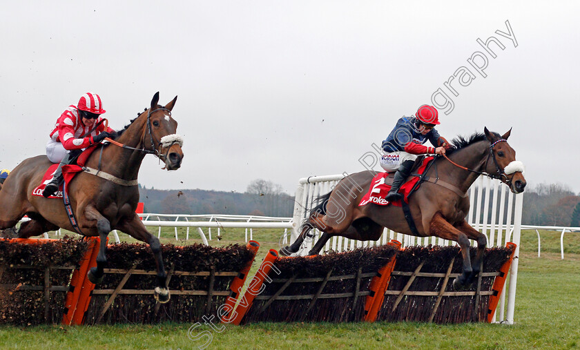 Old-Guard-0001 
 OLD GUARD (right, Bryony Frost) beats REMILUC (left) in The Ladbrokes Handicap Hurdle Newbury 2 Dec 2017 - Pic Steven Cargill / Racingfotos.com