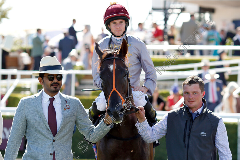 Watan-0010 
 WATAN (Ryan Moore) with Sheikh Joaan after The Nginious! Swiss Gin EBF Maiden Stakes
Goodwood 31 Jul 2018 - Pic Steven Cargill / Racingfotos.com