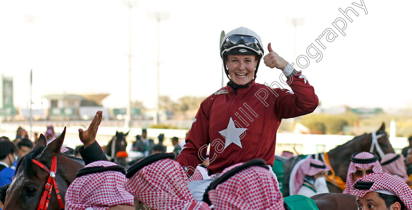 Joanna-Mason-0003 
 Joanna Mason after winning The International Jockey Challenge R2 on Medbaas
King Abdulziz Racecourse, Kingdom of Saudi Arabia, 24 Feb 2023 - Pic Steven Cargill / Racingfotos.com