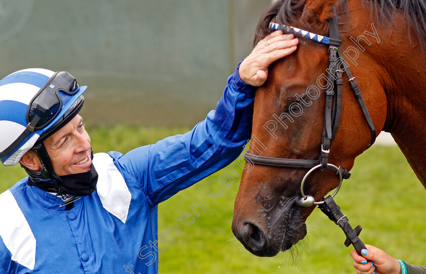 Modmin-0007 
 Jim Crowley after riding his 2000th winner in the UK aboard MODMIN in The Ladbrokes Supporting Children With Cancer UK Novice Stakes
Goodwood 30 Aug 2020 - Pic Steven Cargill / Racingfotos.com