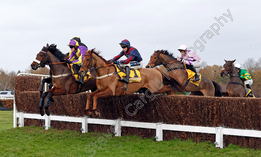 Le-Patron-0008 
 LE PATRON (left, David Noonan) beats COLONEL HARRY (centre) in The Betfair Henry VIII Novices Chase
Sandown 9 Dec 2023 - Pic Steven Cargill / Racingfotos.com