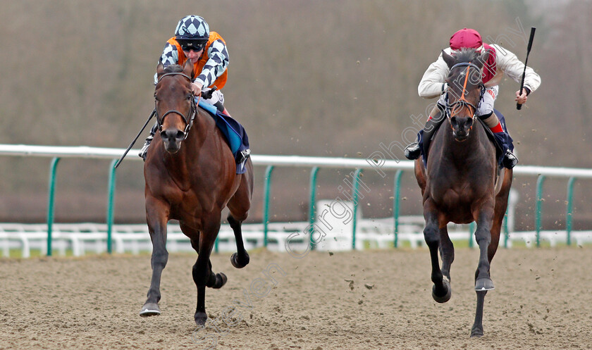 Colourful-Career-0002 
 COLOURFUL CAREER (left, Adam Kirby) beats RELEVANT (right) in The Betway Maiden Stakes Lingfield 30 Dec 2017 - Pic Steven Cargill / Racingfotos.com